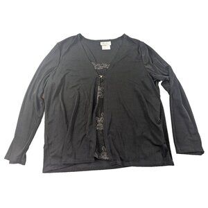 Kathie Lee Collection Stretch Slinky Layered Embroidered‎ Black Blouse Top Sz XL